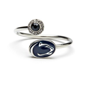 adjustable ring with Penn State Athletic Logo and navy and clear crystals